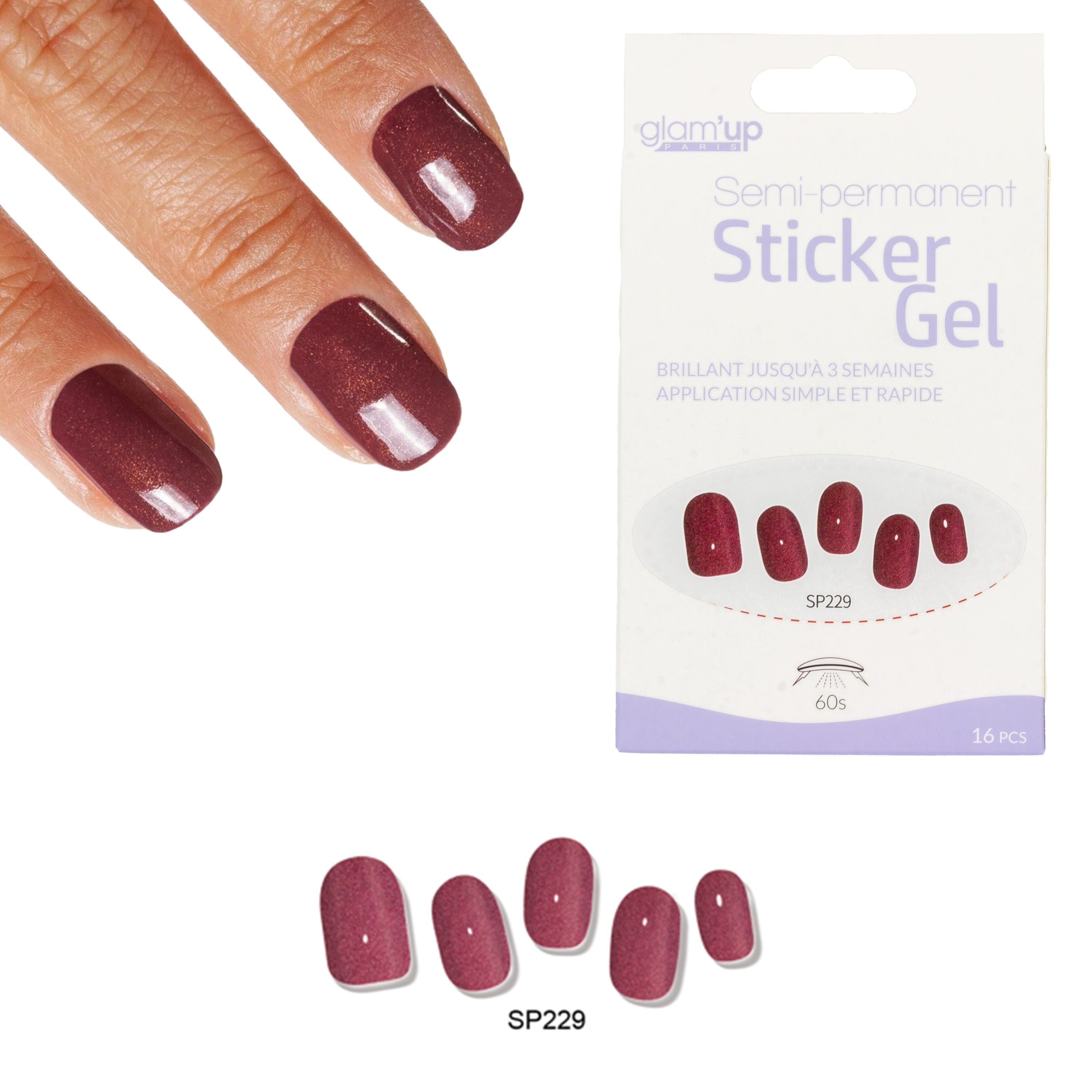 GLAM'UP Les Ongles Sticker Gel Paillettes Rouges 16 pcs