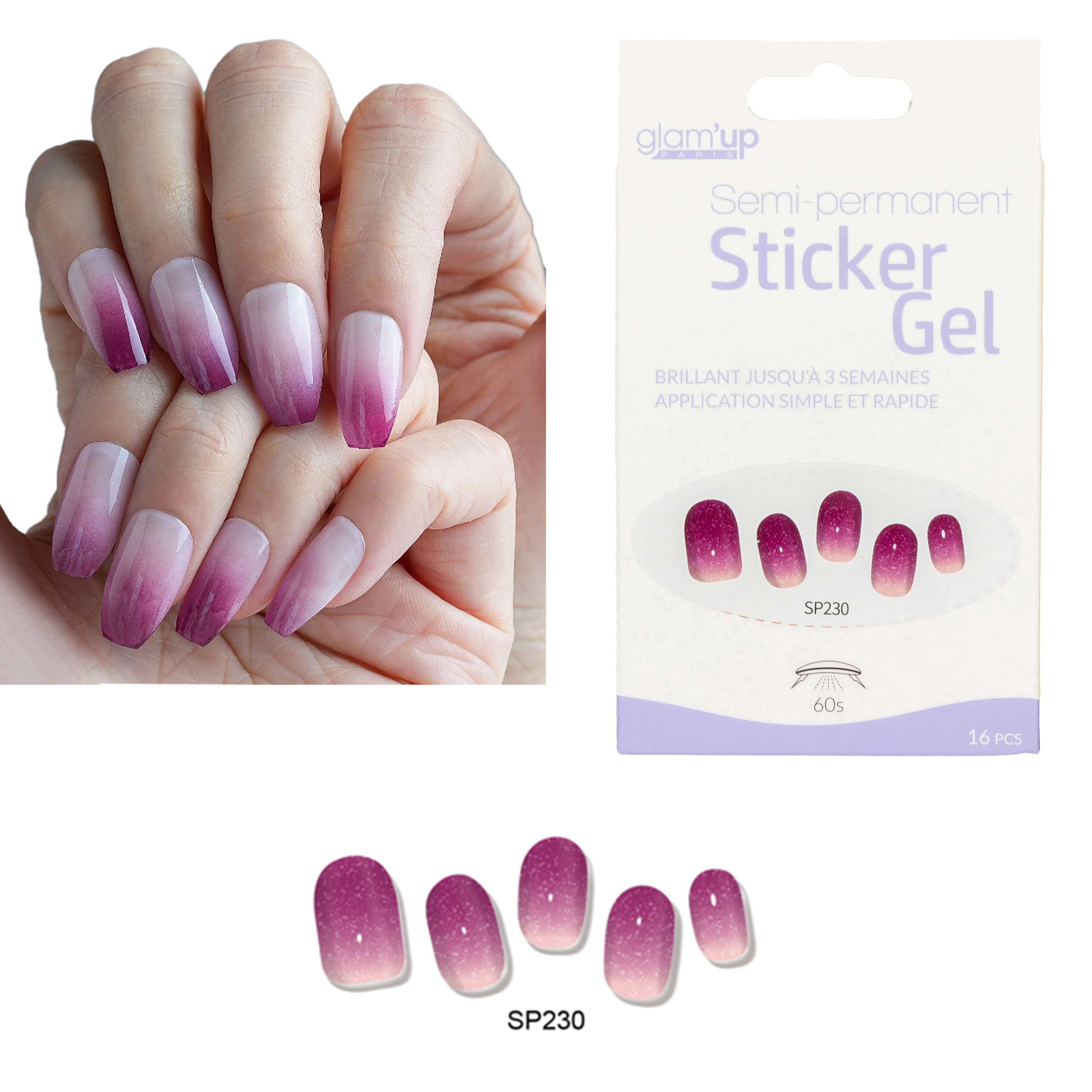GLAM'UP Les Ongles Sticker Gel Dégradé Rose Pailleté 16 pièces