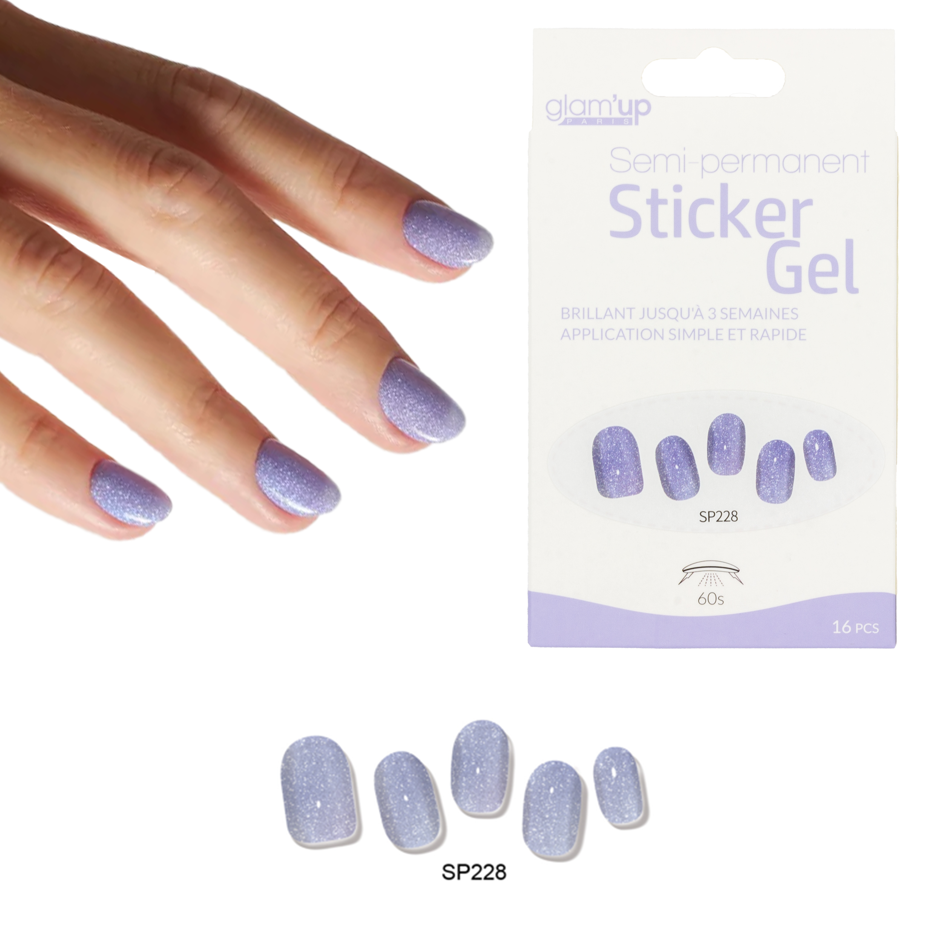GLAM'UP Les Ongles Sticker Gel Paillettes Violet Clair 16 pcs