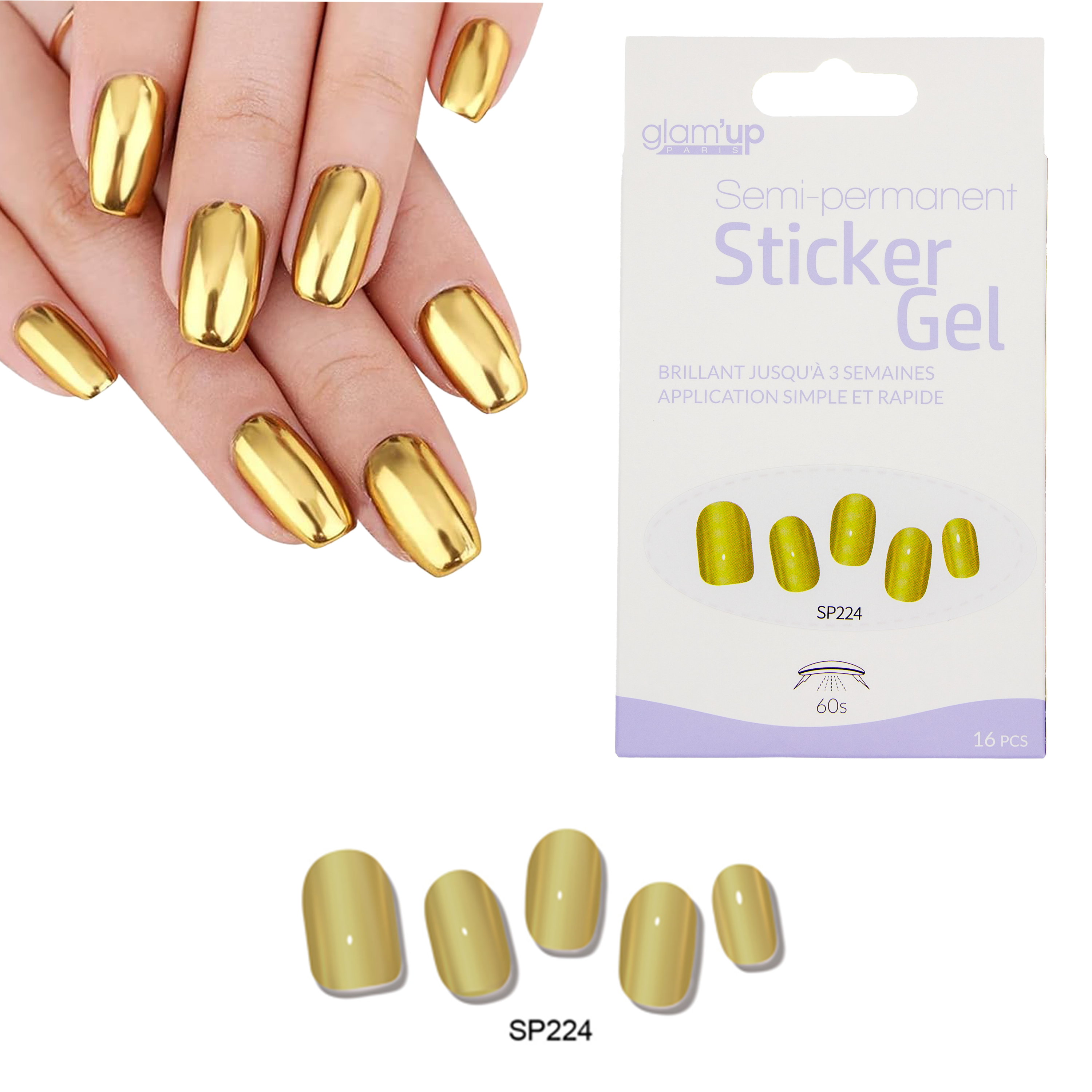 GLAM'UP Les Ongles Sticker Gel Semi-Permanent doré 16 pièces