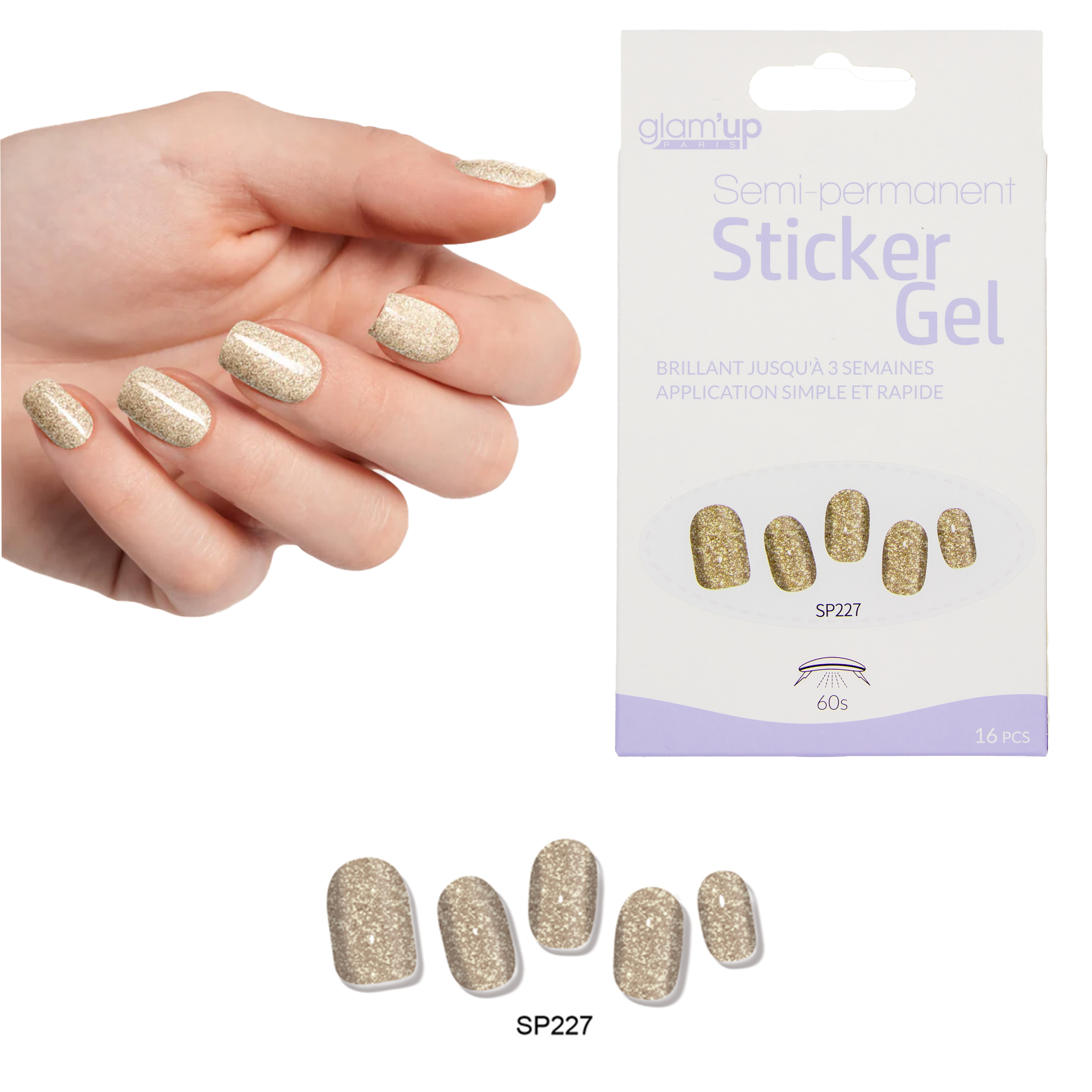GLAM'UP Les Ongles Sticker Gel Paillettes Dorées 16 pièces