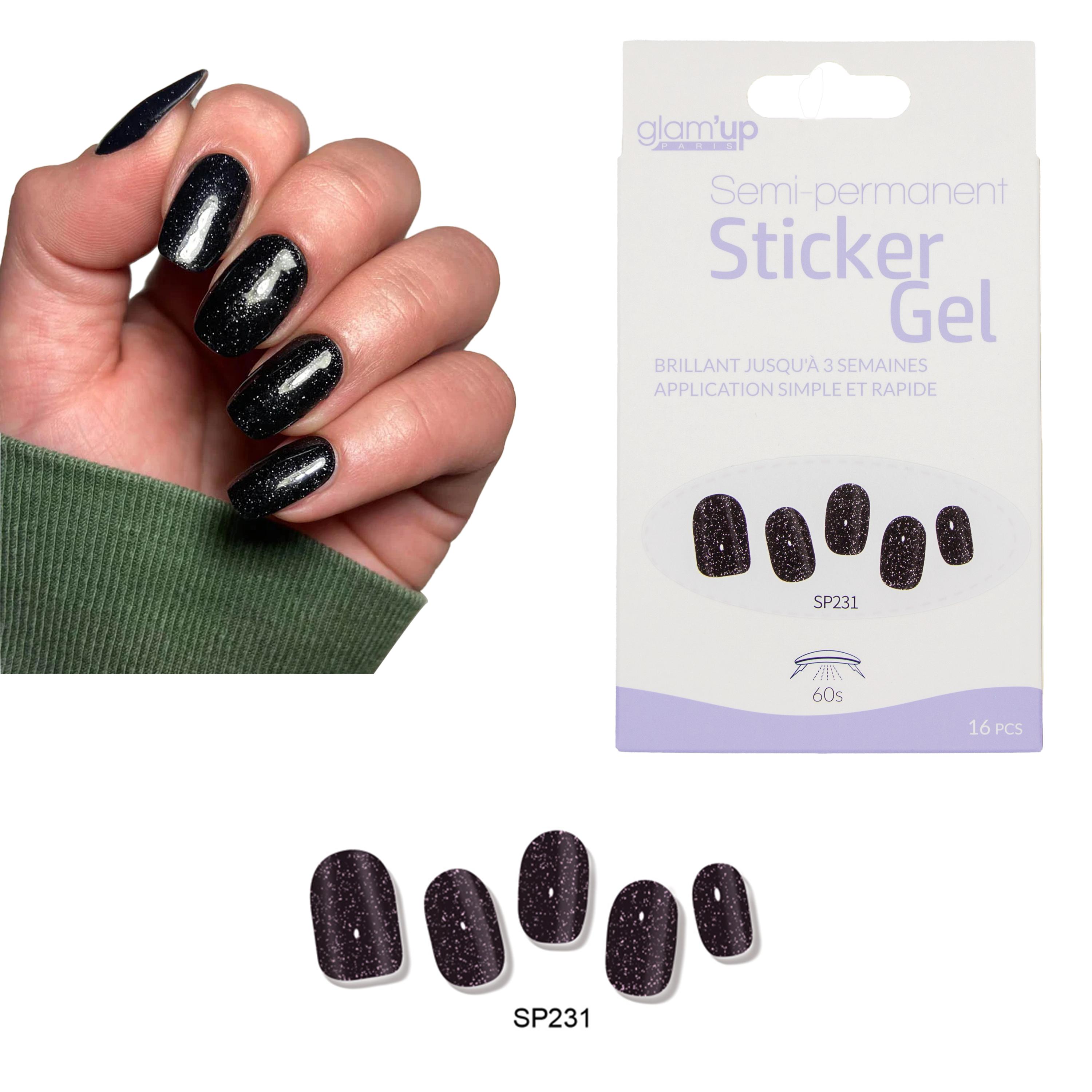GLAM'UP Les Ongles Sticker Gel Semi-Permanent Noir Pailleté 16