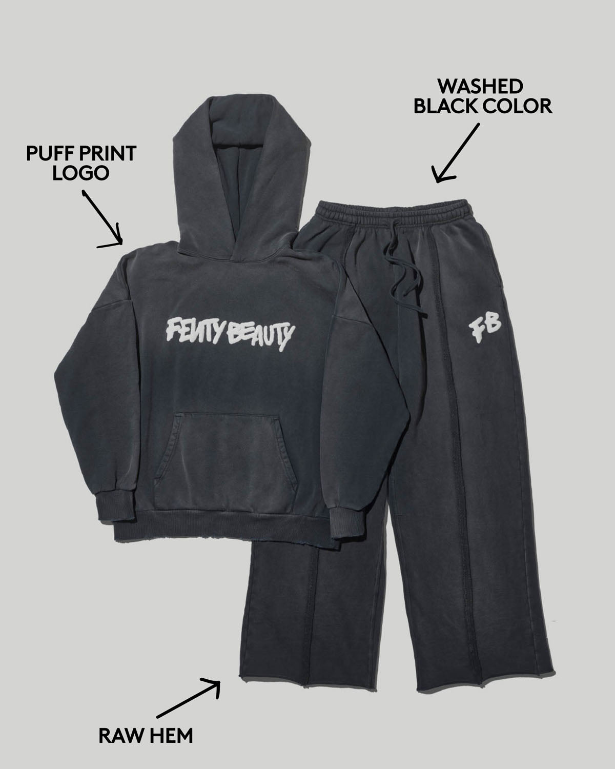 Fenty Beauty Ensemble Hoodie + Jogging Noir Délavé Oversized