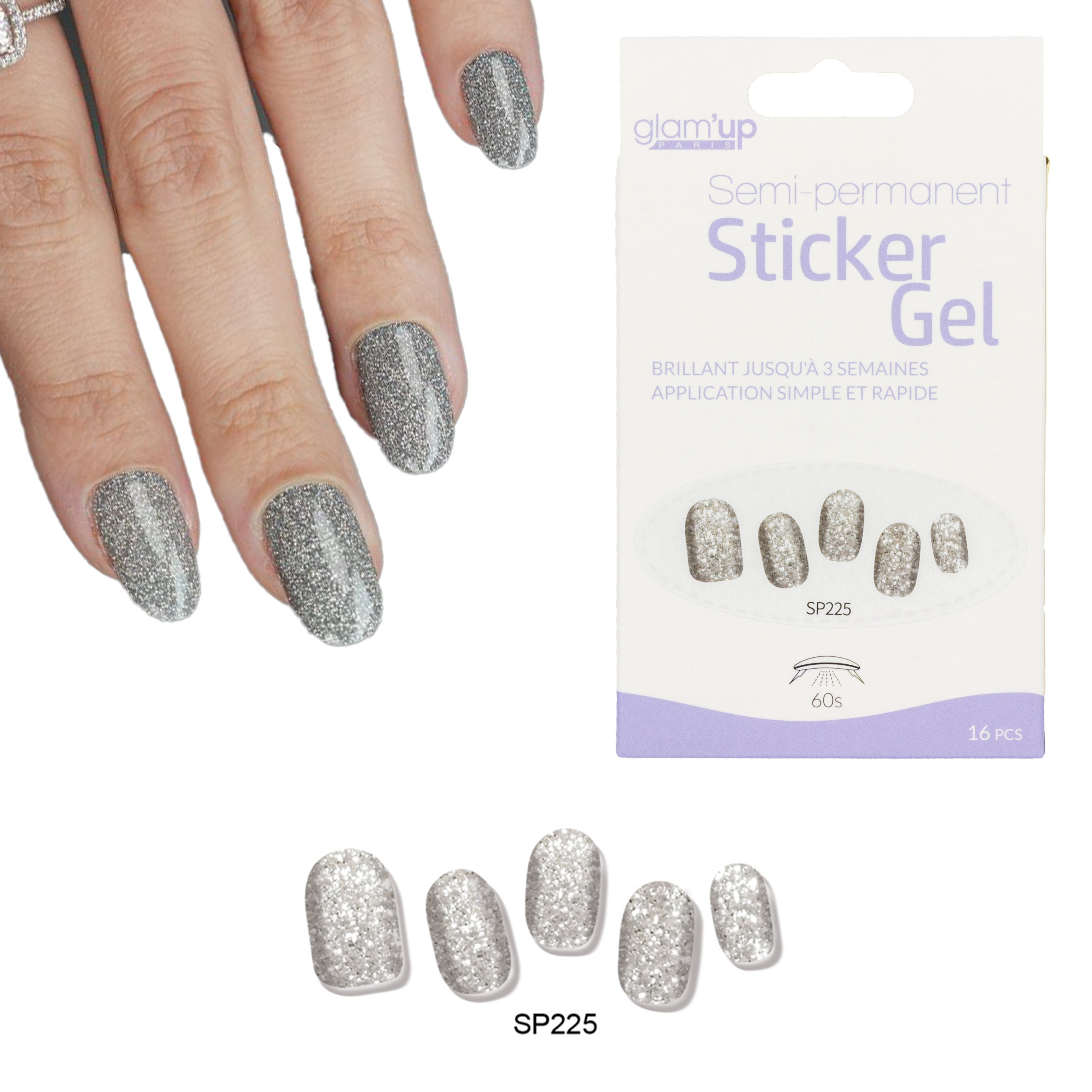 GLAM'UP Les Ongles Sticker Gel Paillettes Argent 16 pièces UV